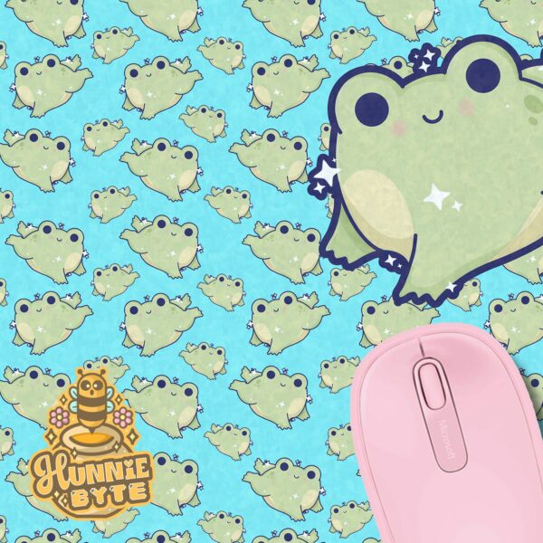 This image shows our adorable desk mat Leap Frog Deskmat, which is available to purchase from HunnieByte.com