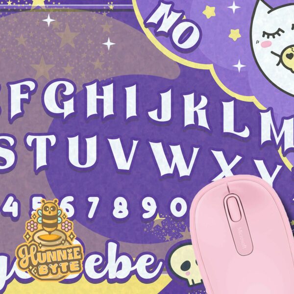 This image shows our adorable desk mat Sweet Kitty Ouija Deskmat, which is available to purchase from HunnieByte.com