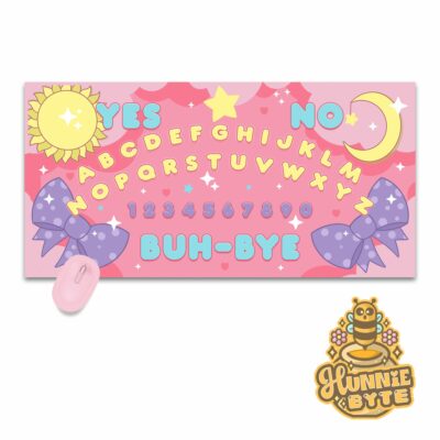 This image shows our adorable desk mat Buh Bye Ouija Deskmat, which is available to purchase from HunnieByte.com