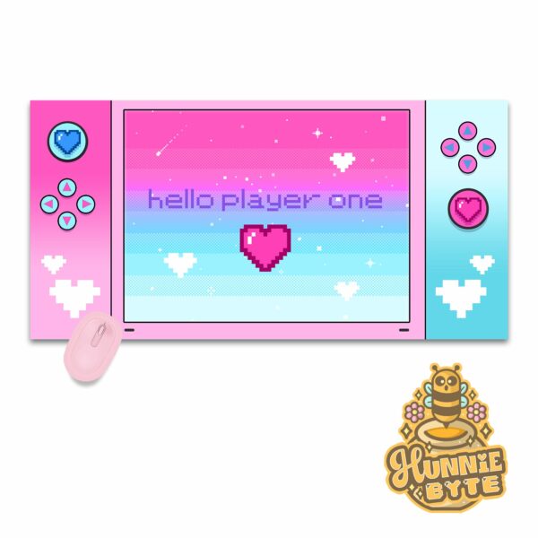 This image shows our adorable desk mat Gamer Pink and Blue Deskmat, which is available to purchase from HunnieByte.com