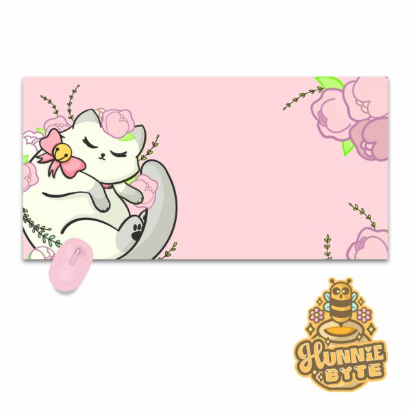 This image shows our adorable desk mat White Kitten and Roses Deskmat, which is available to purchase from HunnieByte.com