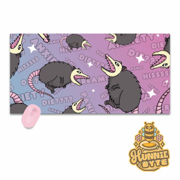 This image shows our adorable desk mat Screaming Possum Deskmat, which is available to purchase from HunnieByte.com