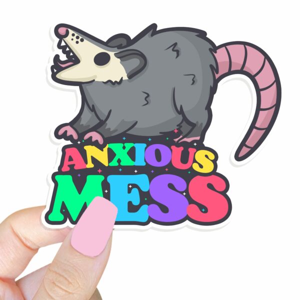 This image shows our adorable sticker finishes, Anxious Mess Possum Sticker, which is available to purchase from HunnieByte.com