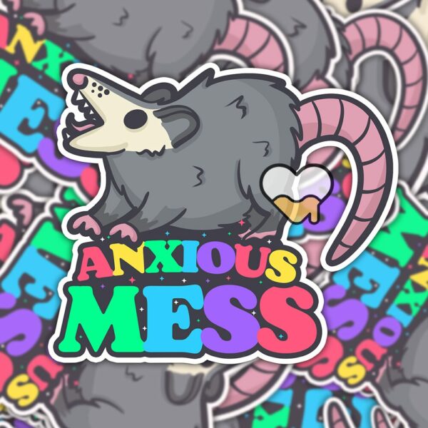 This image shows our adorable sticker finishes, Anxious Mess Possum Sticker, which is available to purchase from HunnieByte.com