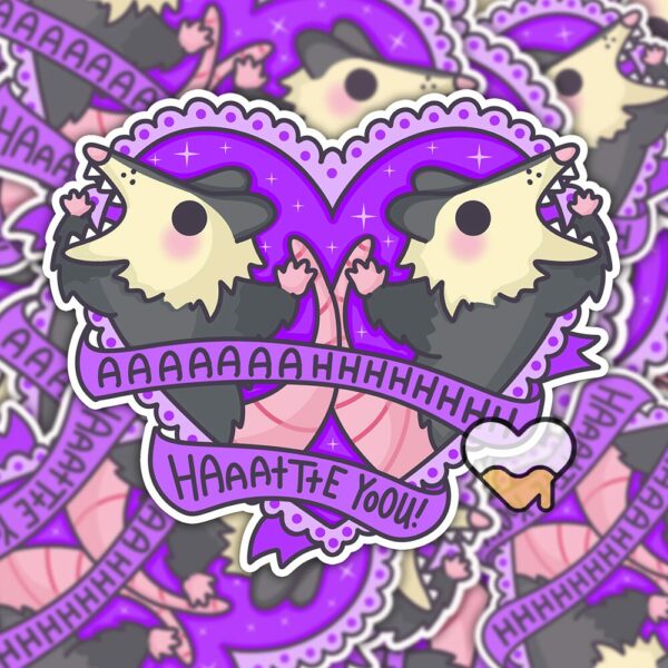 This image shows our adorable sticker finishes, Ahh Hate You Possum Sticker, which is available to purchase from HunnieByte.com