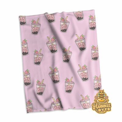 This image shows our Strawberry Boba Blanket, which is available to purchase from HunnieByte.com