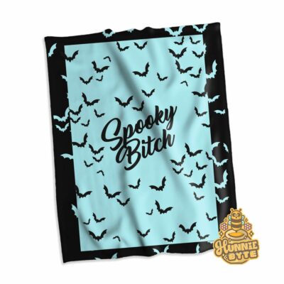 This image shows our Spooky Bitch Blue Blanket, which is available to purchase from HunnieByte.com