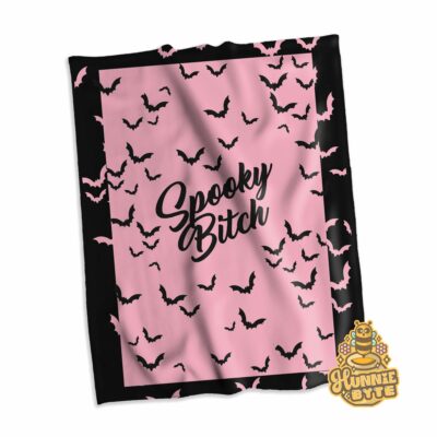 This image shows our Spooky Bitch Pink Blanket, which is available to purchase from HunnieByte.com