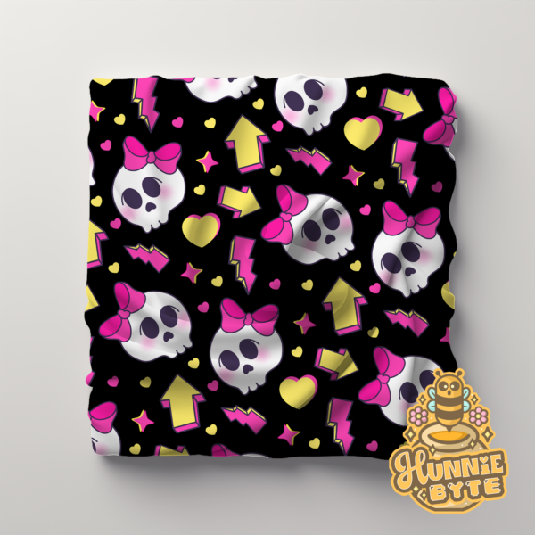 This image shows our 90s Skull and Bows Blanket, which is available to purchase from HunnieByte.com