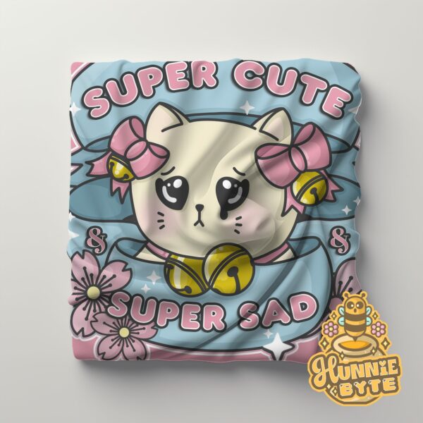 This image shows our Super Cute Super Sad Blanket, which is available to purchase from HunnieByte.com