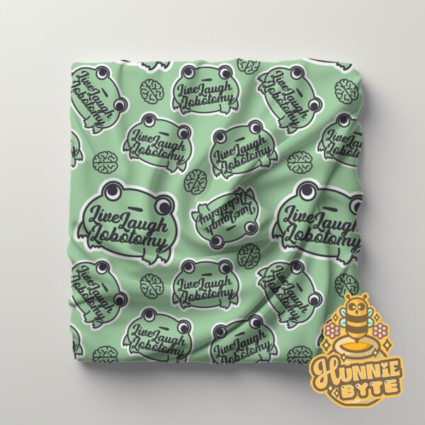 This image shows our Live Laugh Lobotomy Blanket, which is available to purchase from HunnieByte.com