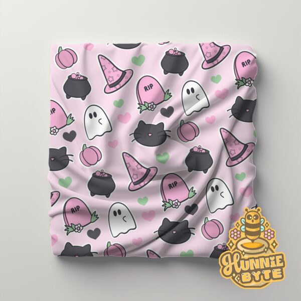 This image shows our Pink Spooks Blanket, which is available to purchase from HunnieByte.com