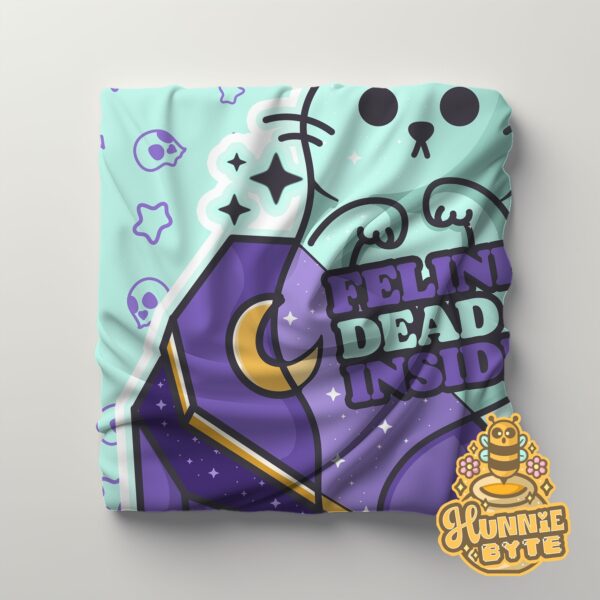 This image shows our Feline Dead Inside Blanket, which is available to purchase from HunnieByte.com