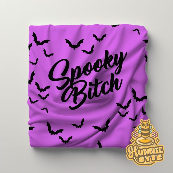 This image shows our Spooky Bitch Purple Blanket, which is available to purchase from HunnieByte.com