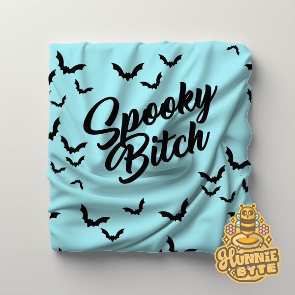 This image shows our Spooky Bitch Blue Blanket, which is available to purchase from HunnieByte.com