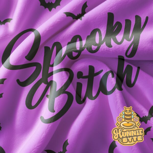 This image shows our Spooky Bitch Purple Blanket, which is available to purchase from HunnieByte.com