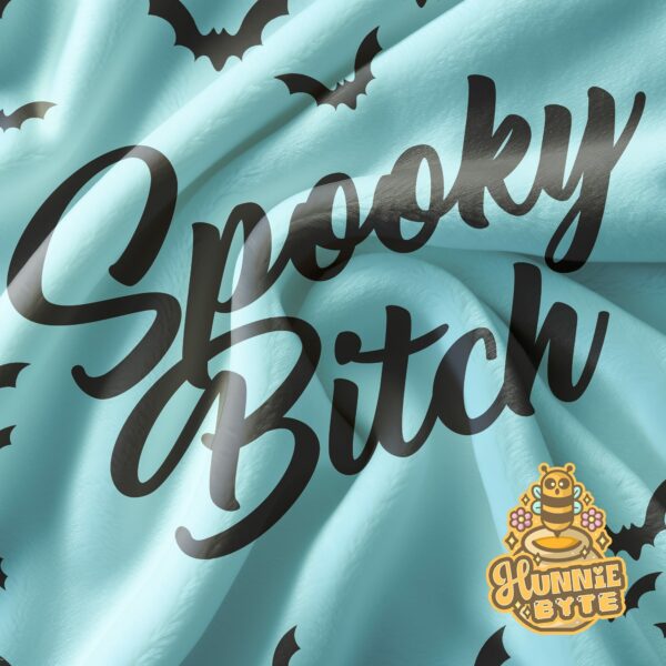 This image shows our Spooky Bitch Blue Blanket, which is available to purchase from HunnieByte.com