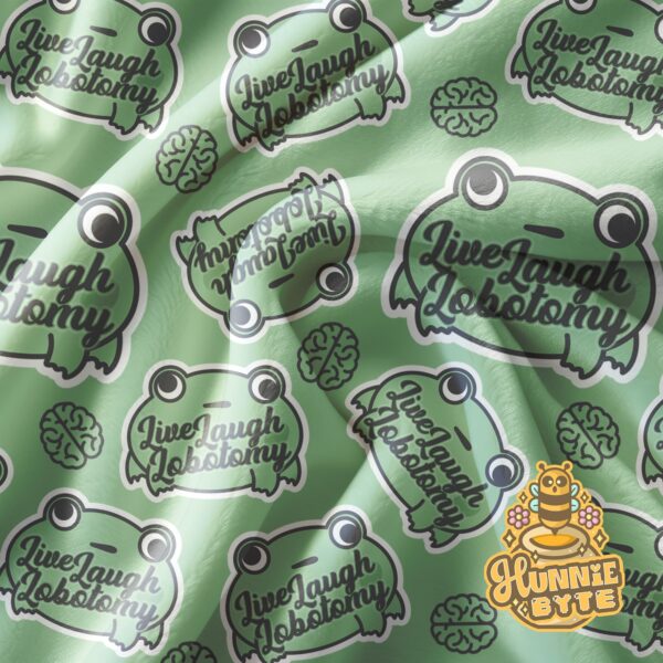 This image shows our Live Laugh Lobotomy Blanket, which is available to purchase from HunnieByte.com