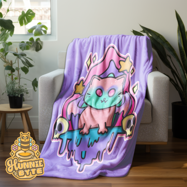 This image shows our Creepy Dripping Kitty Blanket, which is available to purchase from HunnieByte.com