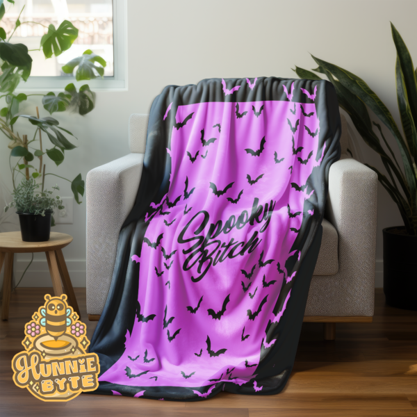 This image shows our Spooky Bitch Purple Blanket, which is available to purchase from HunnieByte.com