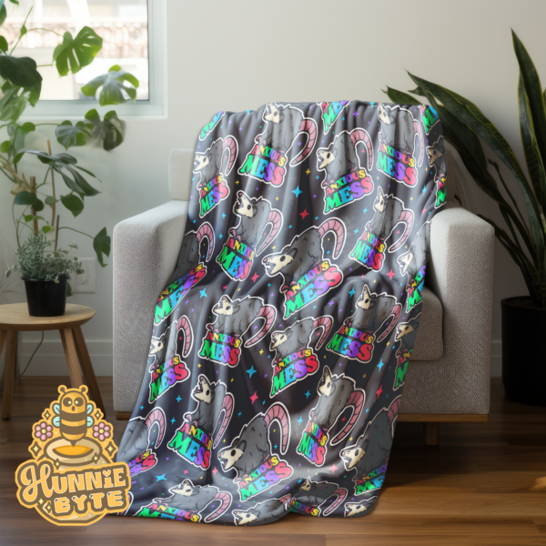 This image shows our Anxious Mess Possum Blanket, which is available to purchase from HunnieByte.com