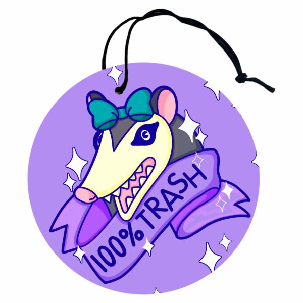 This image shows a hand-drawn adorable air freshener, 100% Trash Possum Air Freshener, which is available to purchase from HunnieByte.com