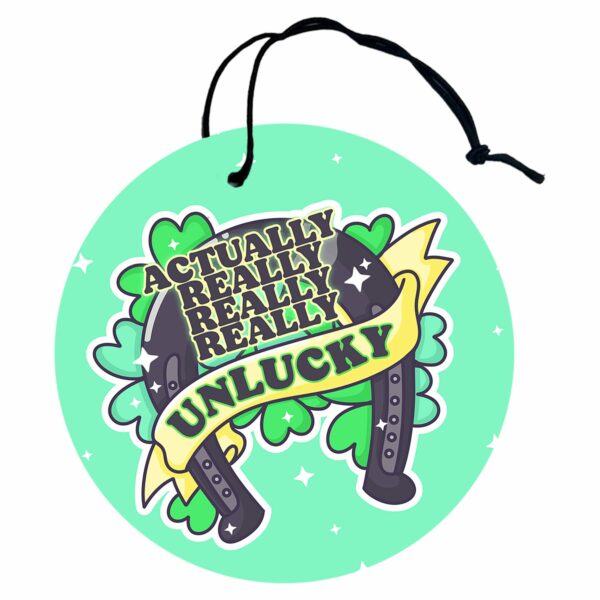 This image shows a hand-drawn adorable air freshener, Really Unlucky Air Freshener, which is available to purchase from HunnieByte.com