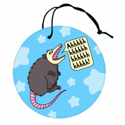 This image shows a hand-drawn adorable air freshener, Ahhh Anxiety Possum Freshener, which is available to purchase from HunnieByte.com