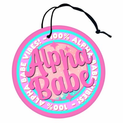 This image shows a hand-drawn adorable air freshener, Alpha Babe Pink Freshener, which is available to purchase from HunnieByte.com