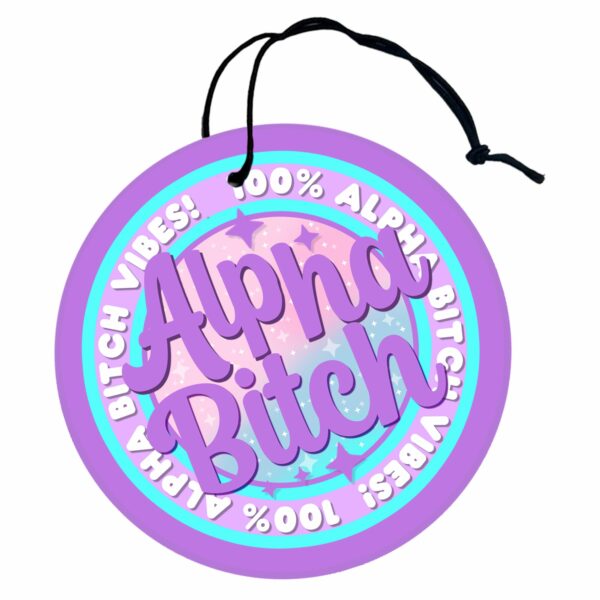 This image shows a hand-drawn adorable air freshener, Alpha Bitch Purple Freshener, which is available to purchase from HunnieByte.com