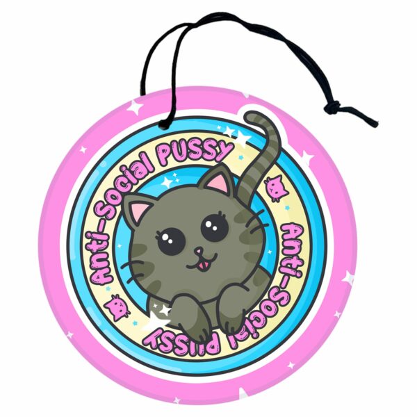 This image shows a hand-drawn adorable air freshener, Antisocial Pussy Air Freshener, which is available to purchase from HunnieByte.com