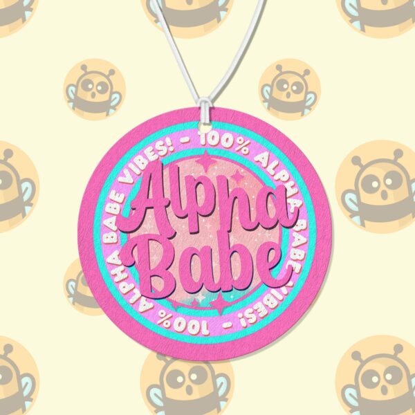 This image shows a hand-drawn adorable air freshener, Alpha Babe Pink Freshener, which is available to purchase from HunnieByte.com