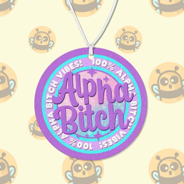 This image shows a hand-drawn adorable air freshener, Alpha Bitch Purple Freshener, which is available to purchase from HunnieByte.com