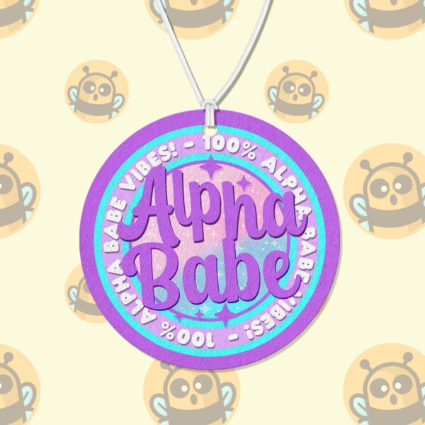 This image shows a hand-drawn adorable air freshener, Alpha Babe Purple Freshener, which is available to purchase from HunnieByte.com