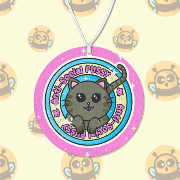 This image shows a hand-drawn adorable air freshener, Antisocial Pussy Air Freshener, which is available to purchase from HunnieByte.com