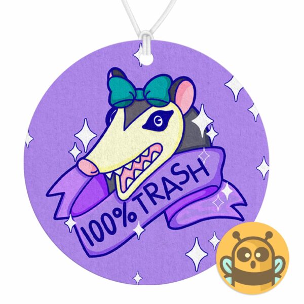 This image shows a hand-drawn adorable air freshener, 100% Trash Possum Air Freshener, which is available to purchase from HunnieByte.com