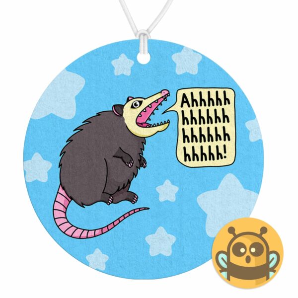 This image shows a hand-drawn adorable air freshener, Ahhh Anxiety Possum Freshener, which is available to purchase from HunnieByte.com