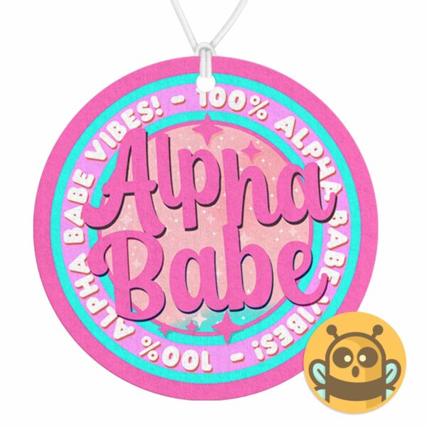 This image shows a hand-drawn adorable air freshener, Alpha Babe Pink Freshener, which is available to purchase from HunnieByte.com