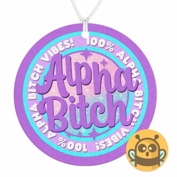 This image shows a hand-drawn adorable air freshener, Alpha Bitch Purple Freshener, which is available to purchase from HunnieByte.com