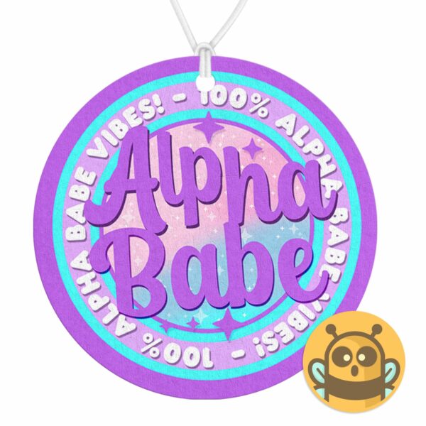 This image shows a hand-drawn adorable air freshener, Alpha Babe Purple Freshener, which is available to purchase from HunnieByte.com