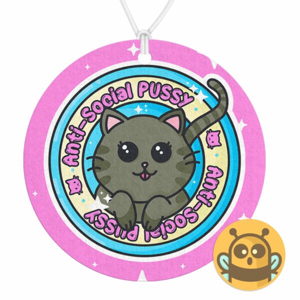 This image shows a hand-drawn adorable air freshener, Antisocial Pussy Air Freshener, which is available to purchase from HunnieByte.com