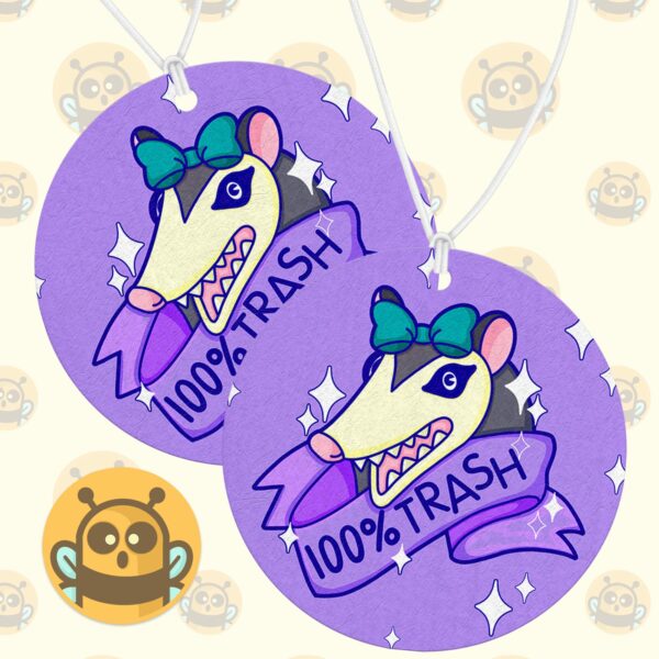 This image shows a hand-drawn adorable air freshener, 100% Trash Possum Air Freshener, which is available to purchase from HunnieByte.com