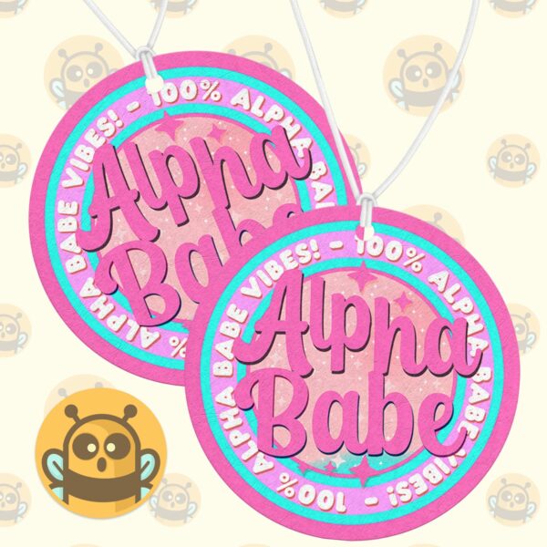 This image shows a hand-drawn adorable air freshener, Alpha Babe Pink Freshener, which is available to purchase from HunnieByte.com