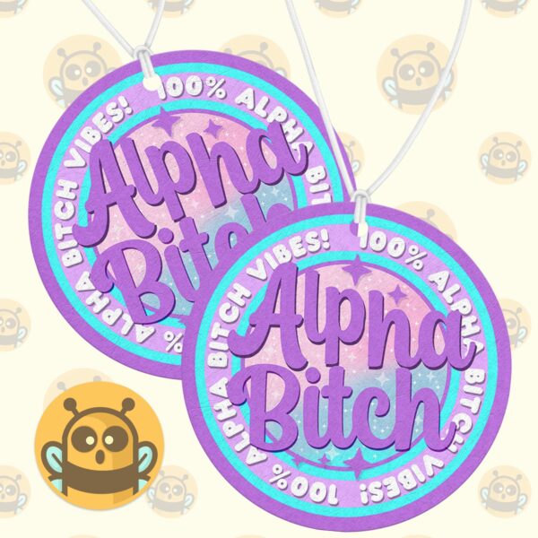 This image shows a hand-drawn adorable air freshener, Alpha Bitch Purple Freshener, which is available to purchase from HunnieByte.com