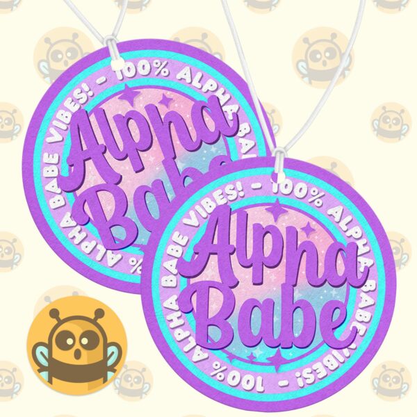 This image shows a hand-drawn adorable air freshener, Alpha Babe Purple Freshener, which is available to purchase from HunnieByte.com