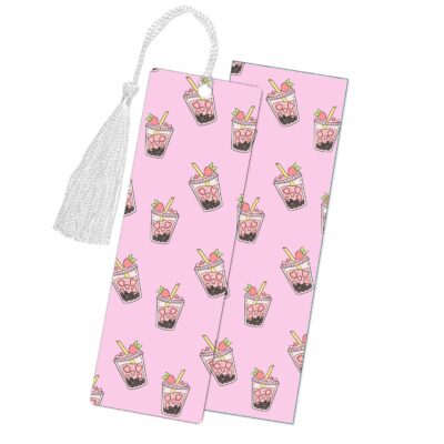 This image shows an hand-drawn adorable bookmark, Strawberry Boba Bookmark, which is available to purchase from HunnieByte.com