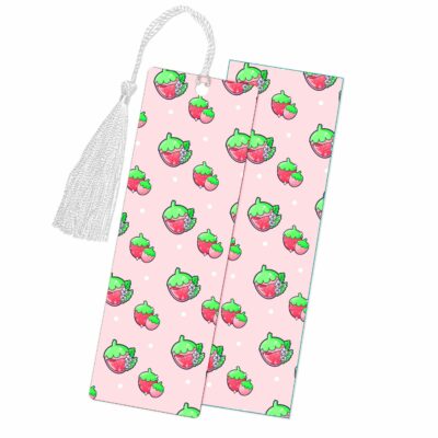 This image shows an hand-drawn adorable bookmark, Juicy Strawberry Bookmark, which is available to purchase from HunnieByte.com