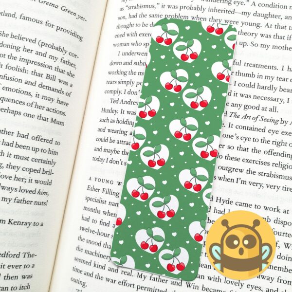 This image shows an hand-drawn adorable bookmark, Green Cherries Bookmark, which is available to purchase from HunnieByte.com