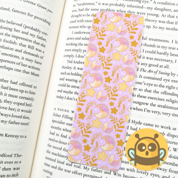 This image shows an hand-drawn adorable bookmark, Celestial Moon Gold Bookmark, which is available to purchase from HunnieByte.com