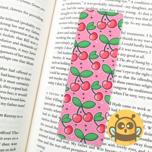 This image shows an hand-drawn adorable bookmark, Juicy Cherry Bookmark, which is available to purchase from HunnieByte.com